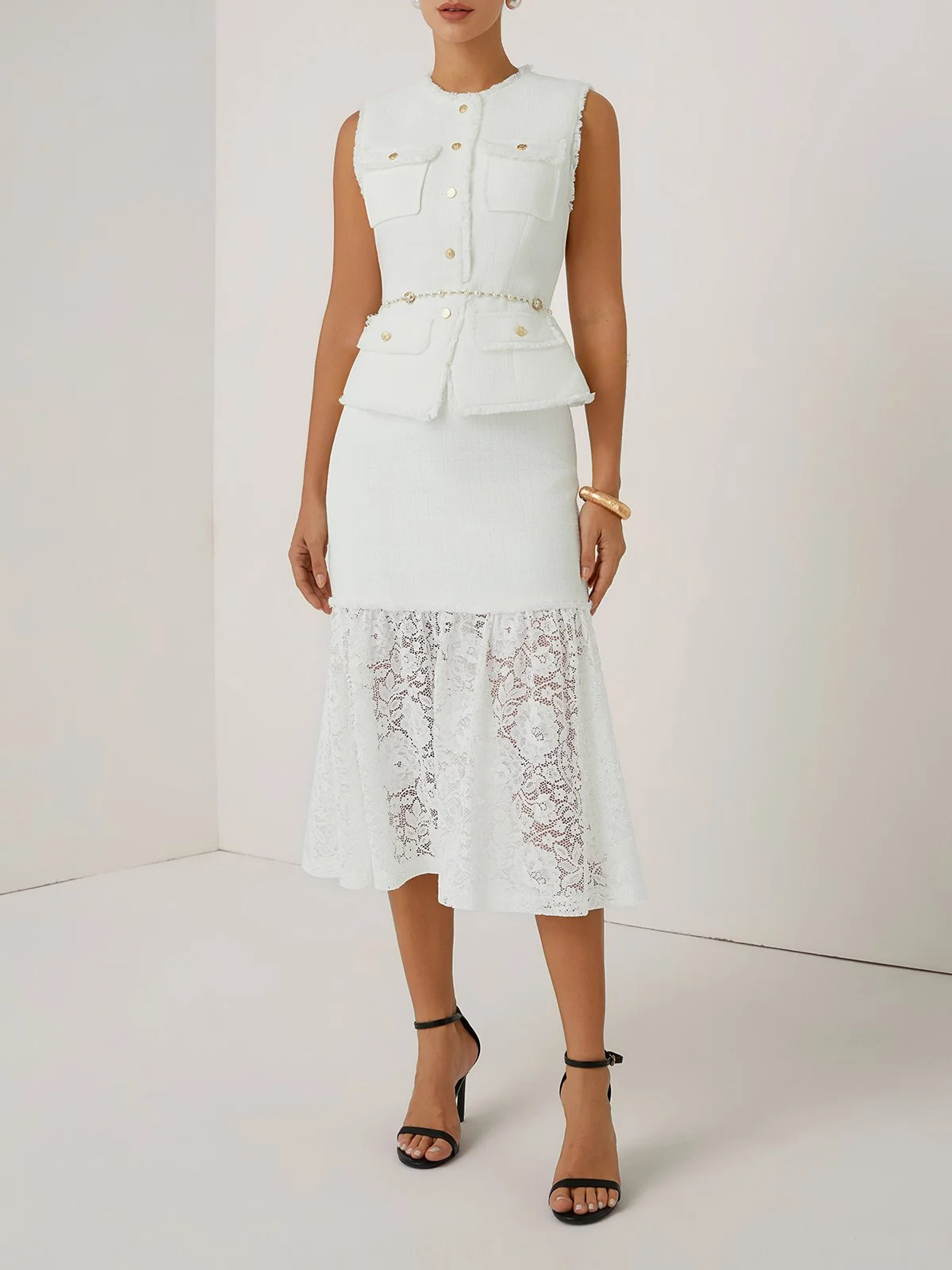 Women White Buckle Lace Crew Neck Sleeveless Dressy Top With Skirt Two-Piece Set