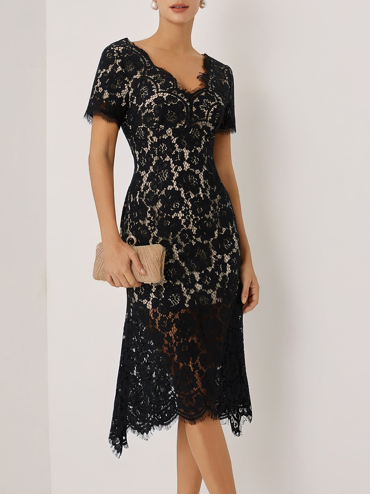 Black Lace Edge Lace V Neck Short Sleeve Mermaid Midi Dress
