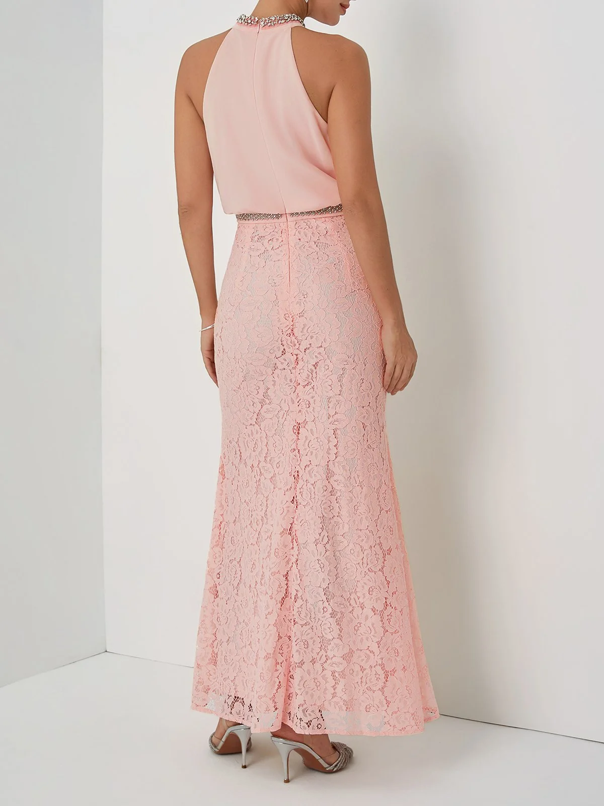 Pink Rhinestone Ruched Lace Crew Neck Sleeveless Mermaid Gown Dress