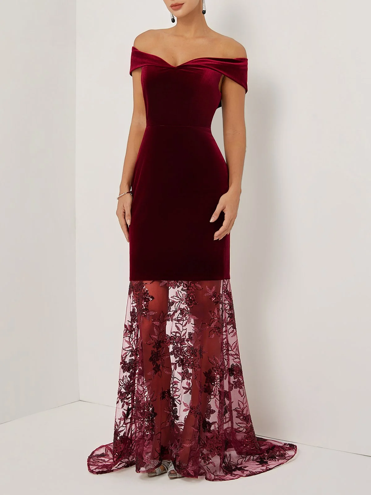 Wine Red Beaded Lace Velvet Off The Shoulder Short Sleeve Mermaid Gown Dress