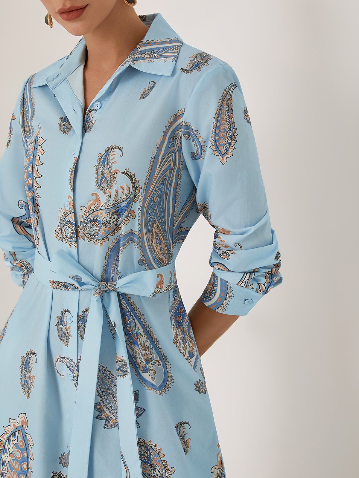 Light Blue Floral Shirt Dress Shirt Collar Long Sleeve A-Line Maxi Dress