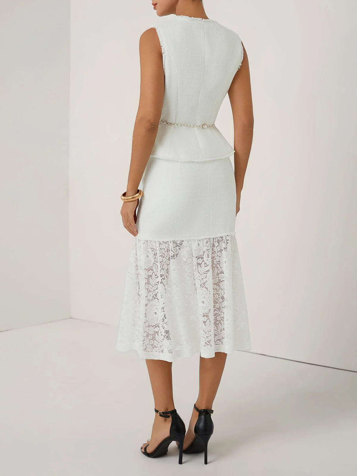 Women White Buckle Lace Crew Neck Sleeveless Dressy Top With Skirt Two-Piece Set