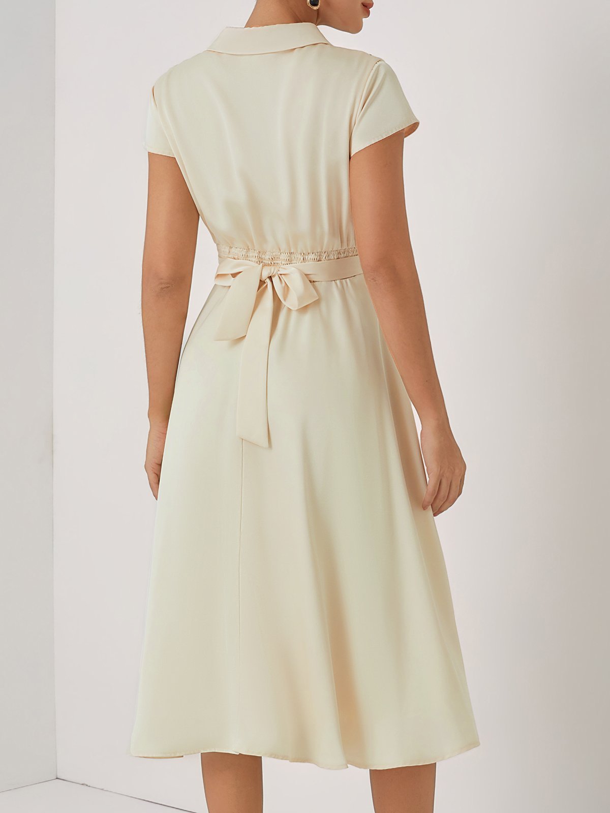 Apricot Embroidery Floral Classic Shirt Collar Cap Sleeve A-Line Midi Dress