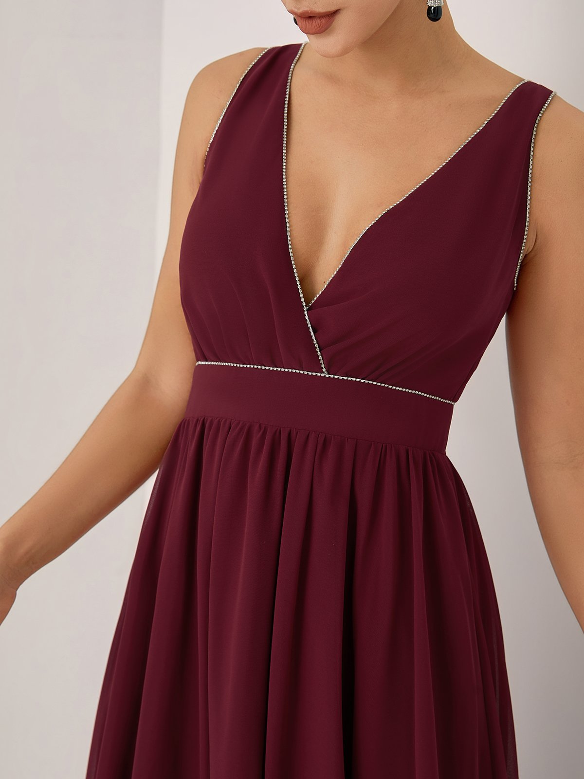 Wine Red Rhinestone V Neck Sleeveless A-Line Maxi Dress