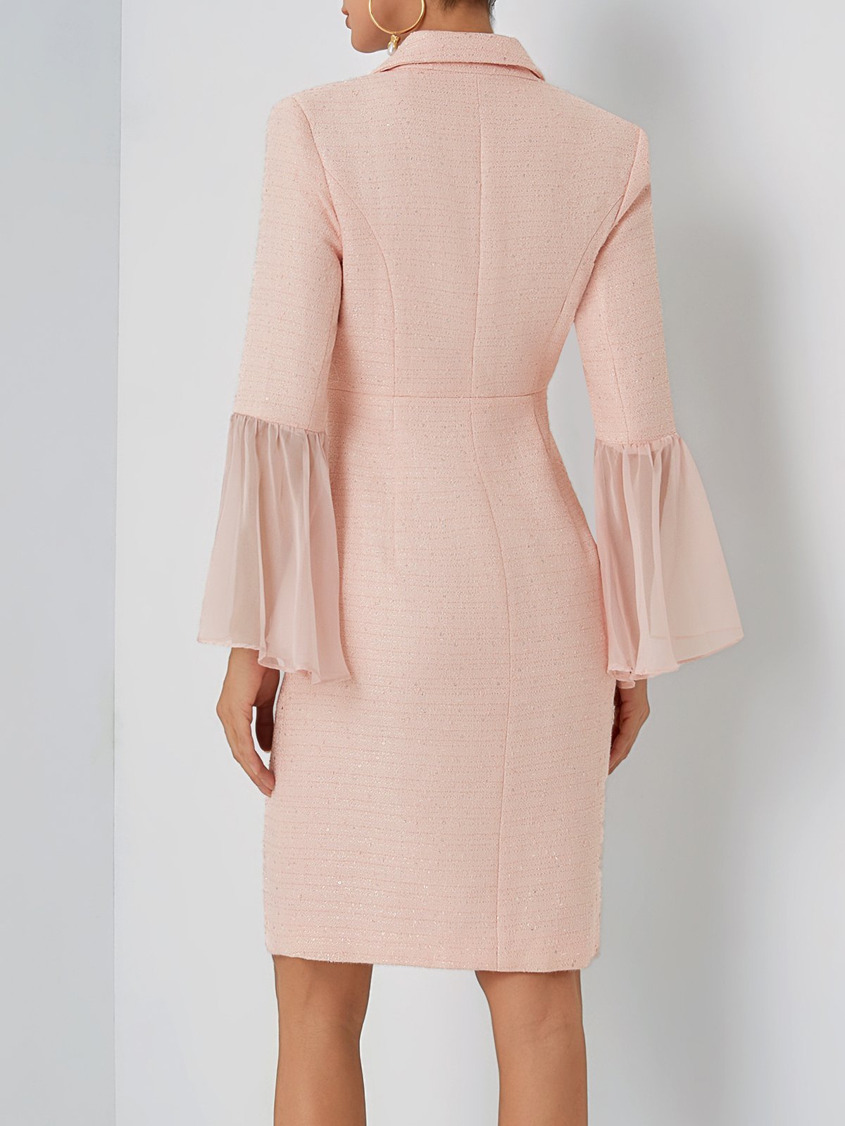 Light Pink Buckle Mesh Tweed Lapel Collar Long Sleeve Bell Sleeve Sheath Midi Dress