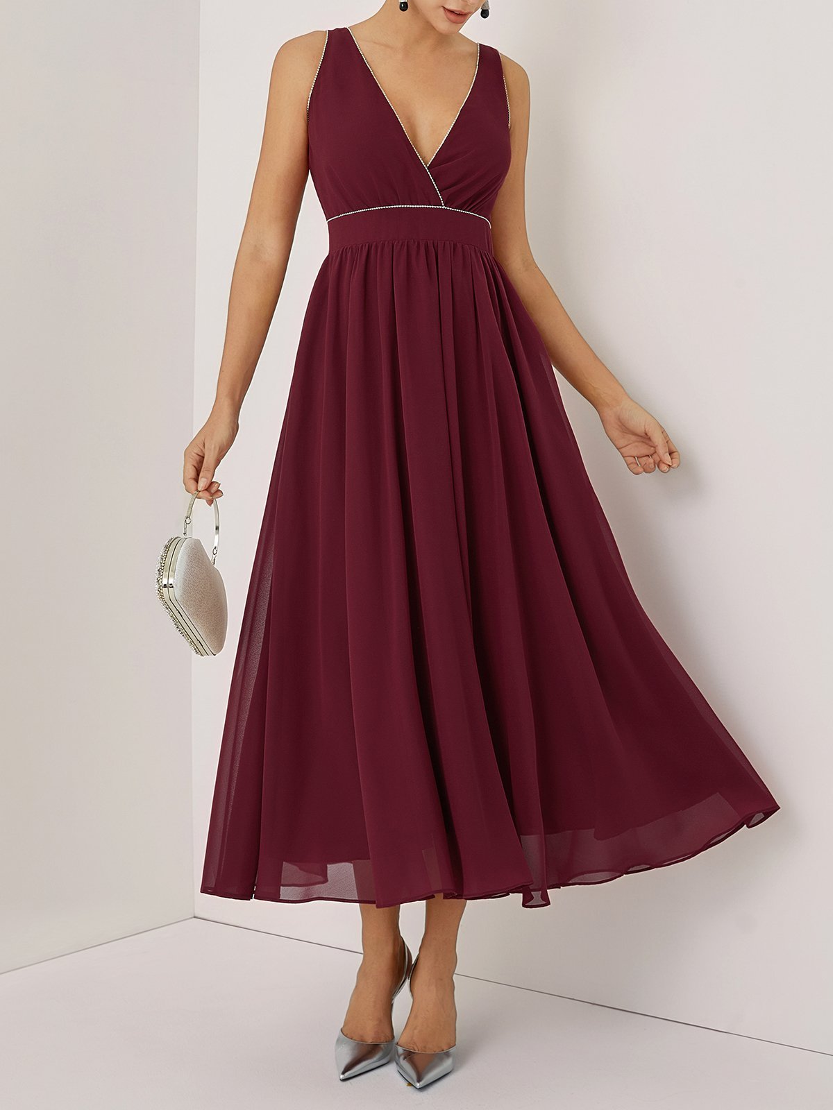 Wine Red Rhinestone V Neck Sleeveless A-Line Maxi Dress