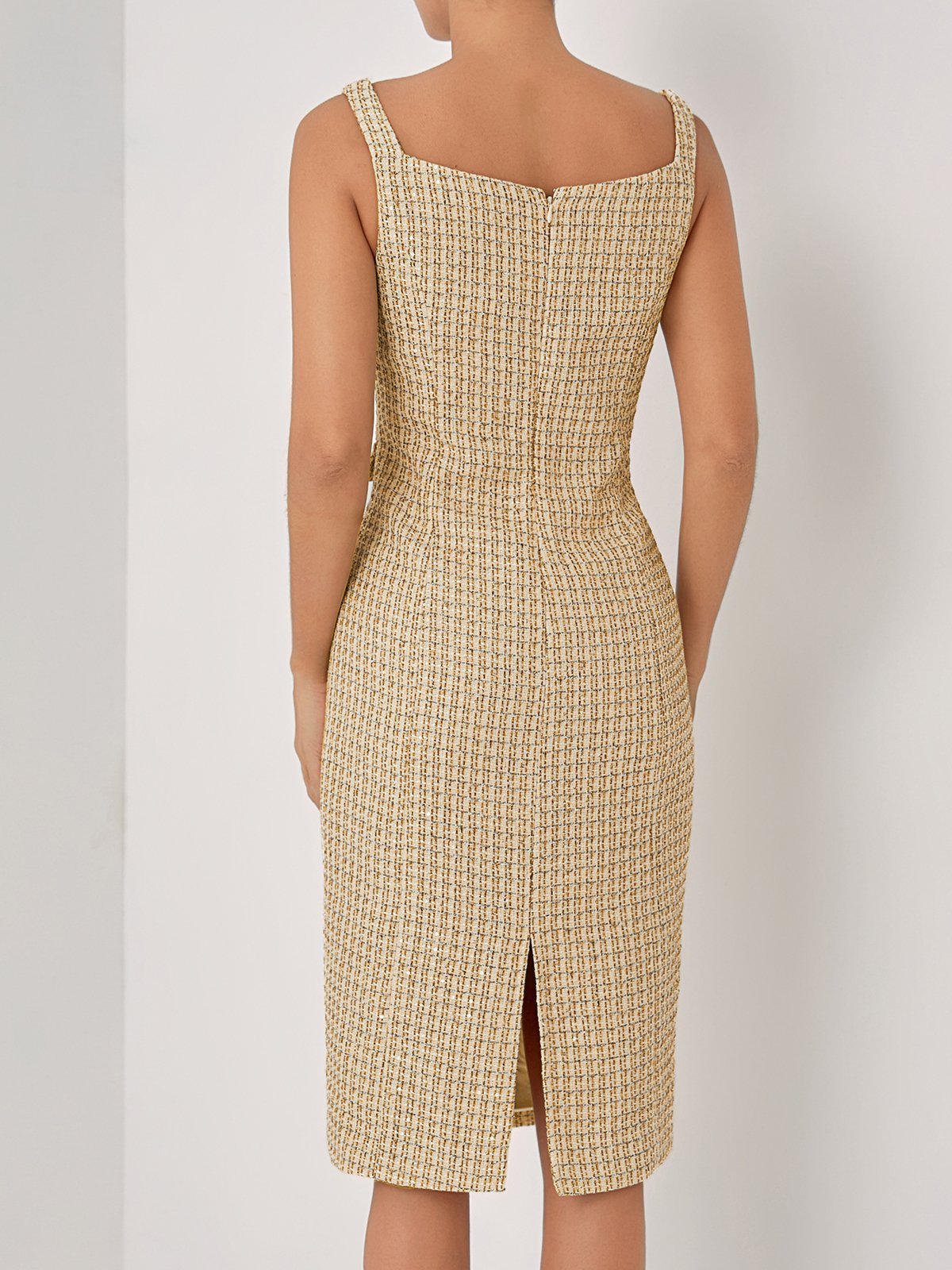 Golden Buckle Pocket Stitching Tweed Spaghetti Sleeveless Sheath Midi Dress