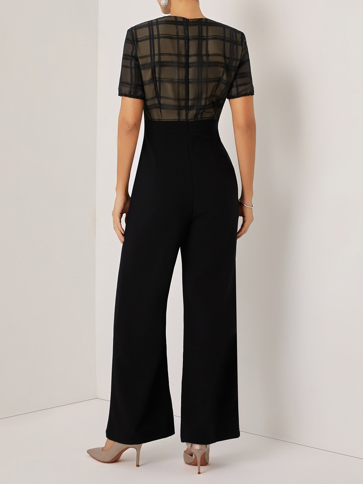 Women Black V Neck Short Sleeve Dressy Jumpsuit