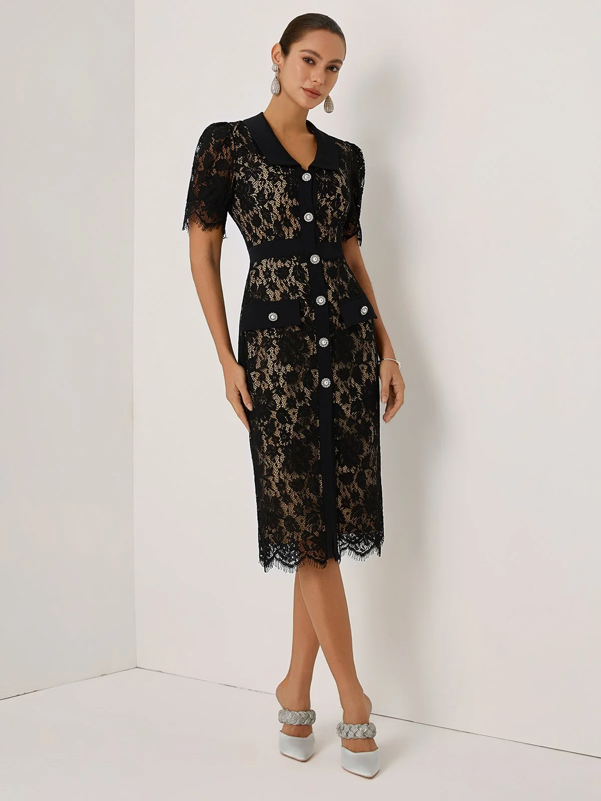 Black Buckle Lace Shawl Collar Short Sleeve Puff Sleeve Sheath Midi Dress