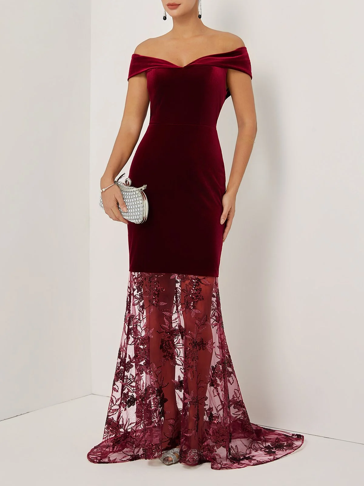 Wine Red Beaded Lace Velvet Off The Shoulder Short Sleeve Mermaid Gown Dress