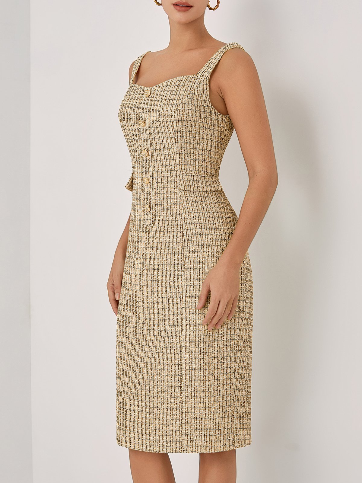 Golden Buckle Pocket Stitching Tweed Spaghetti Sleeveless Sheath Midi Dress