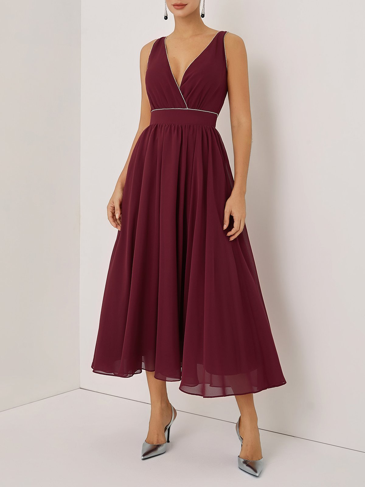 Wine Red Rhinestone V Neck Sleeveless A-Line Maxi Dress
