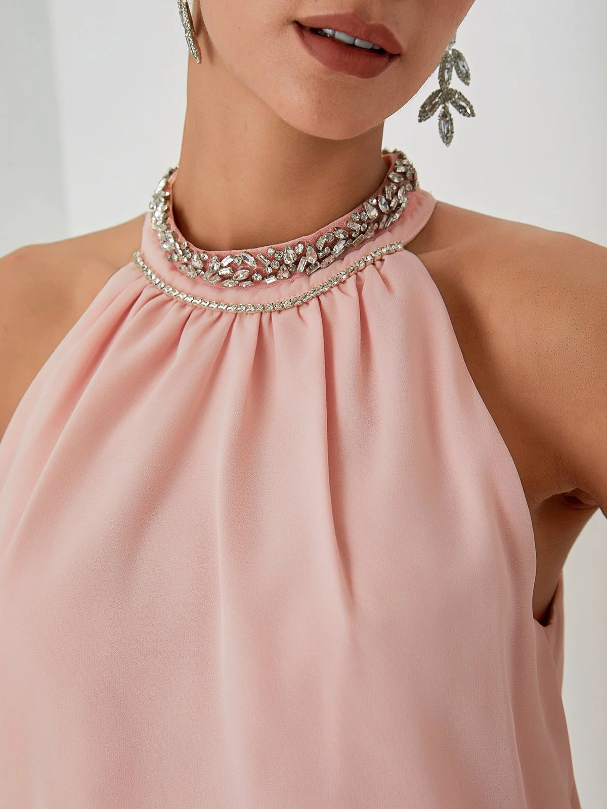 Pink Rhinestone Ruched Lace Crew Neck Sleeveless Mermaid Gown Dress