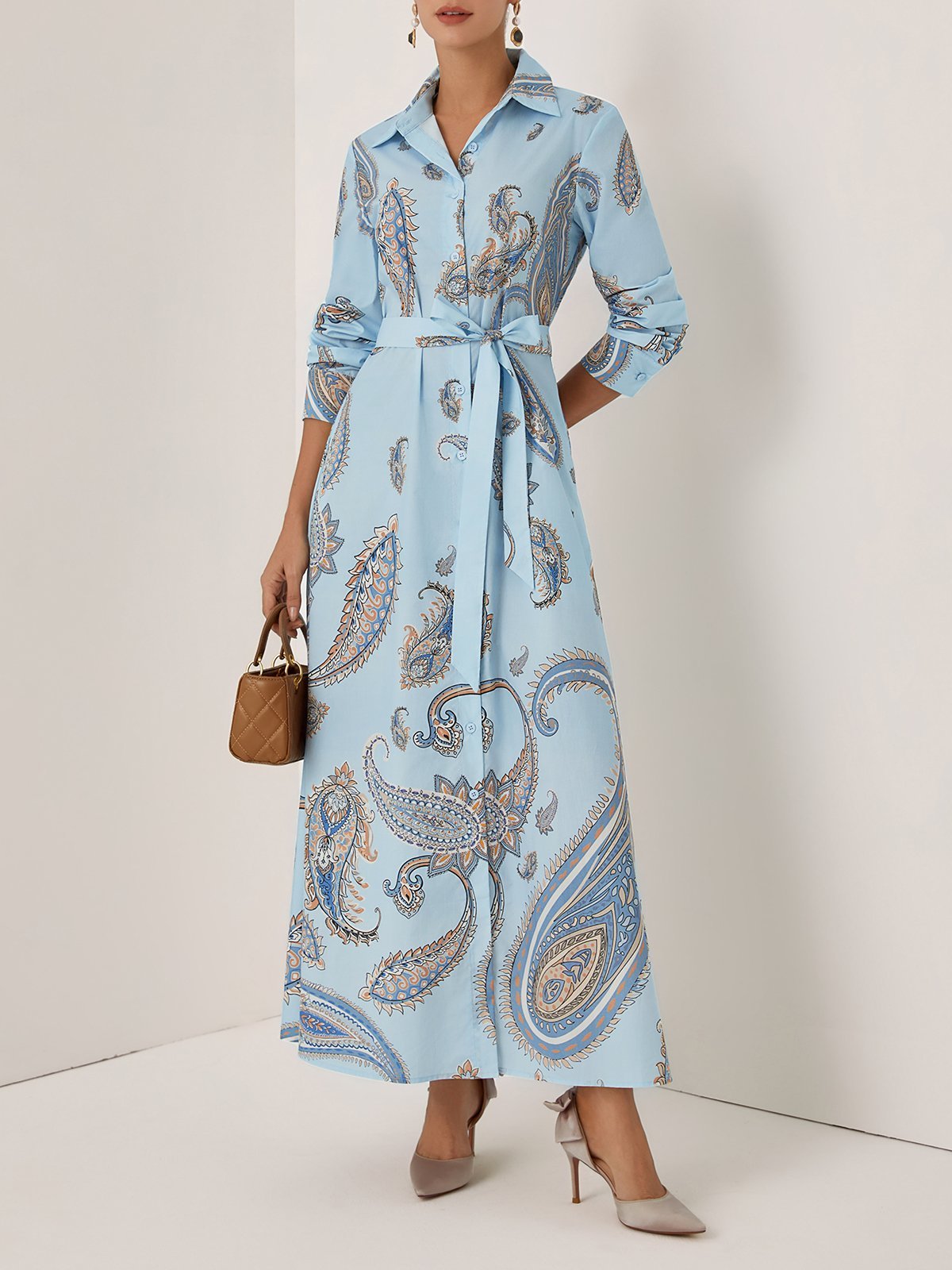 Light Blue Floral Shirt Dress Shirt Collar Long Sleeve A-Line Maxi Dress