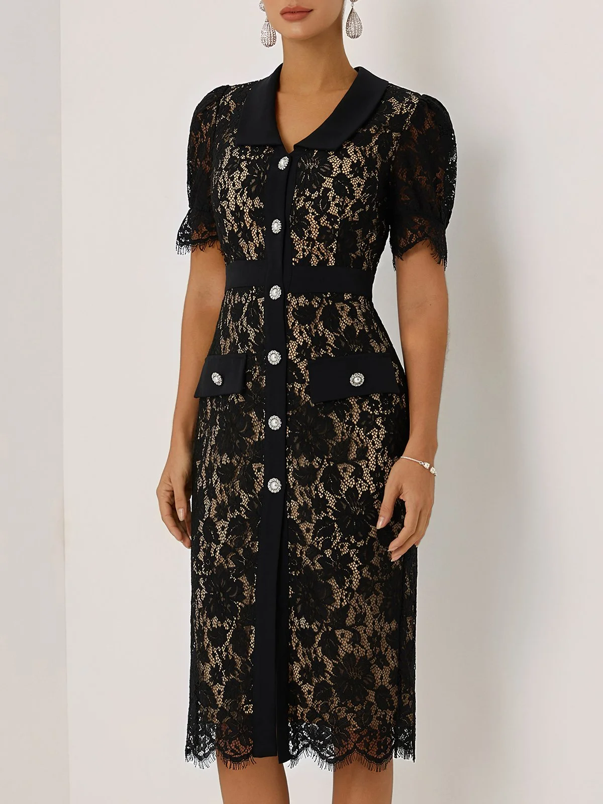 Black Buckle Lace Shawl Collar Short Sleeve Puff Sleeve Sheath Midi Dress