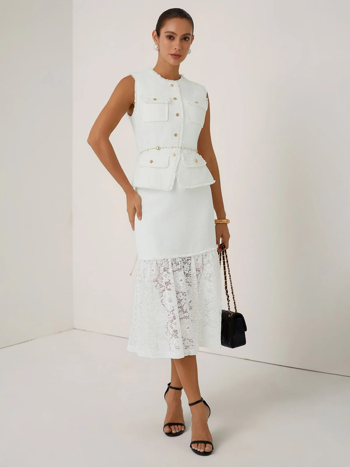 Women White Buckle Lace Crew Neck Sleeveless Dressy Top With Skirt Two-Piece Set