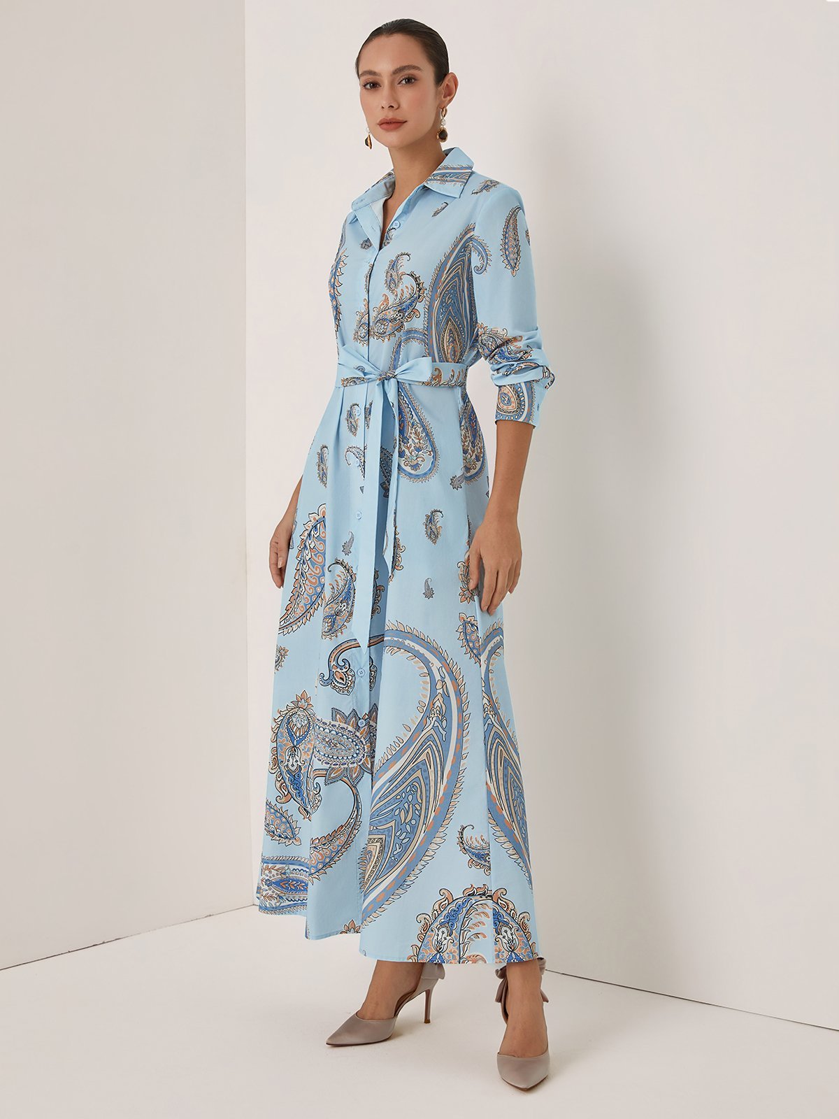 Light Blue Floral Shirt Dress Shirt Collar Long Sleeve A-Line Maxi Dress