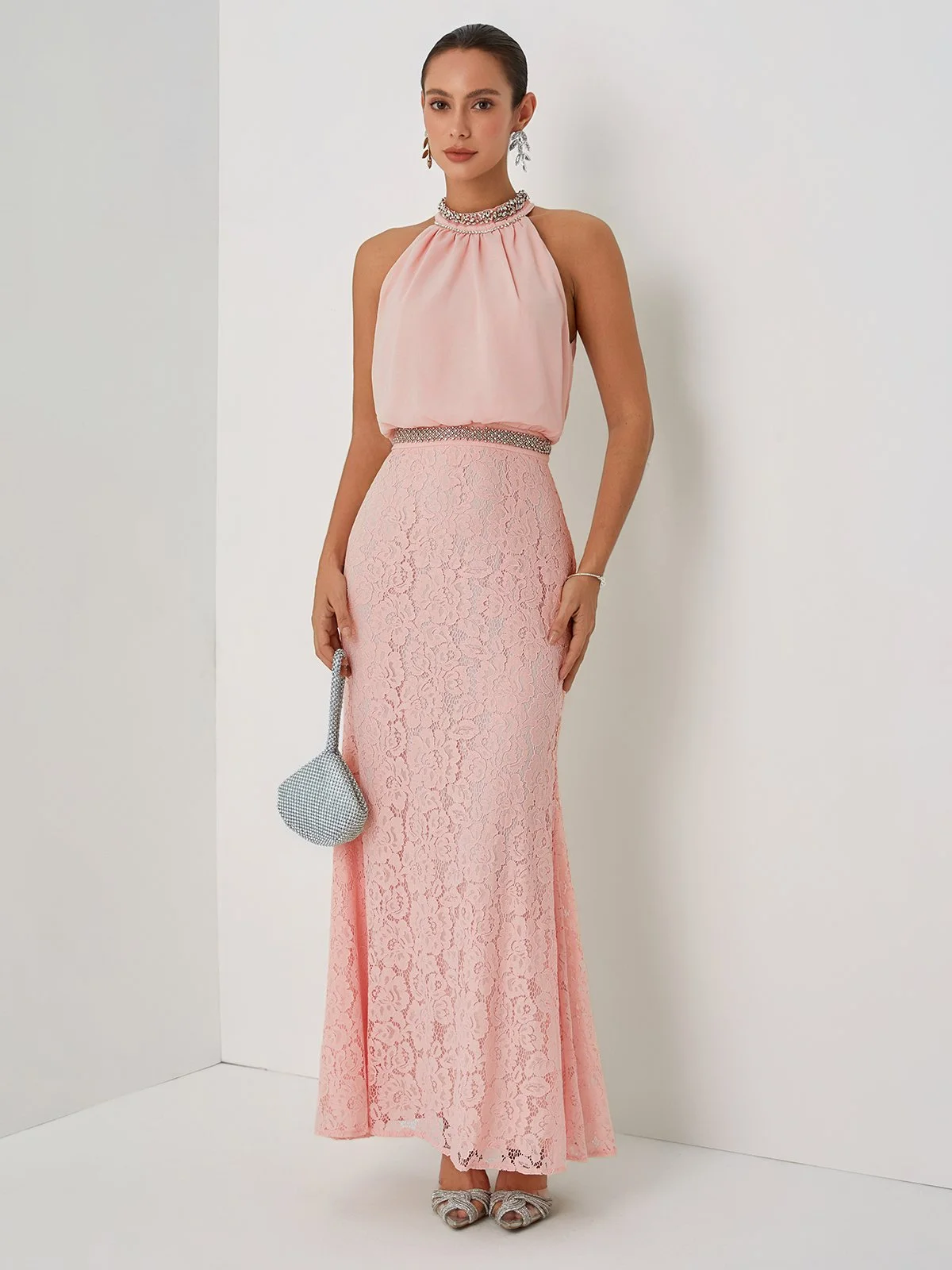 Pink Rhinestone Ruched Lace Crew Neck Sleeveless Mermaid Gown Dress