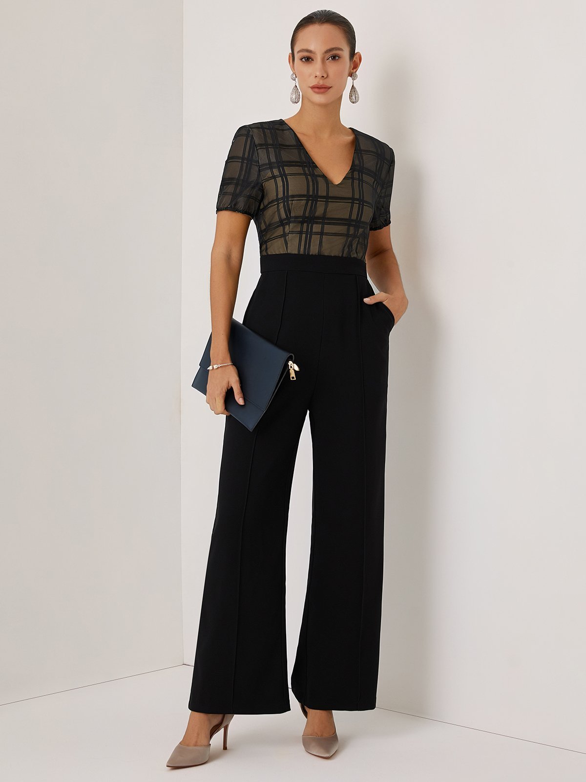 Women Black V Neck Short Sleeve Dressy Jumpsuit