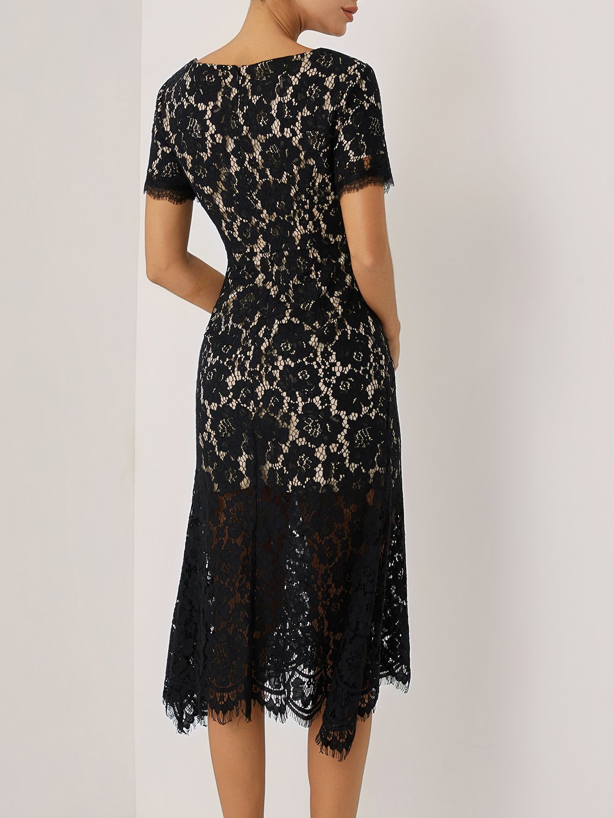 Black Lace Edge Lace V Neck Short Sleeve Mermaid Midi Dress