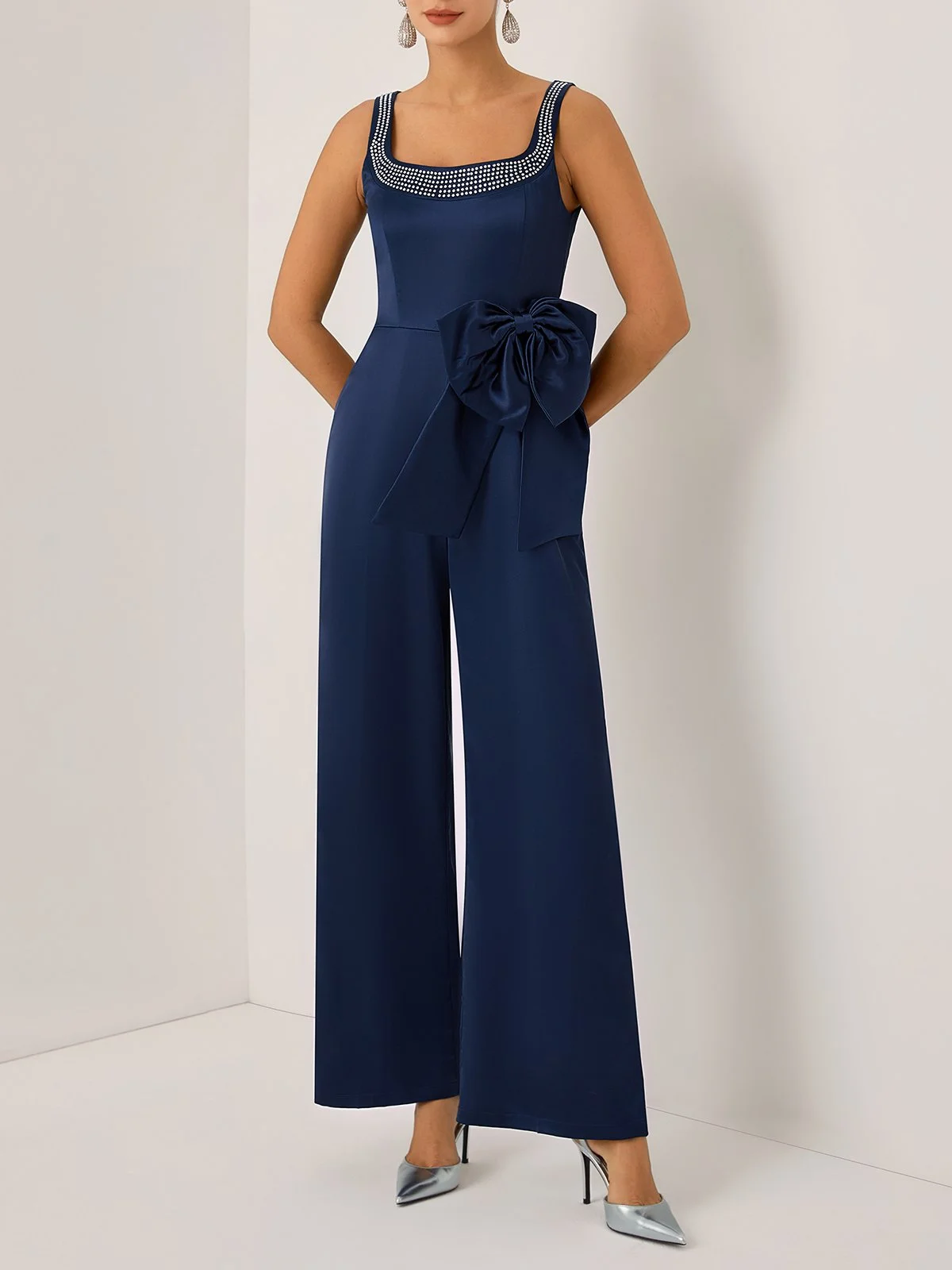 Women Purplish Blue Bow Rhinestone Crew Neck Sleeveless Dressy Jumpsuit