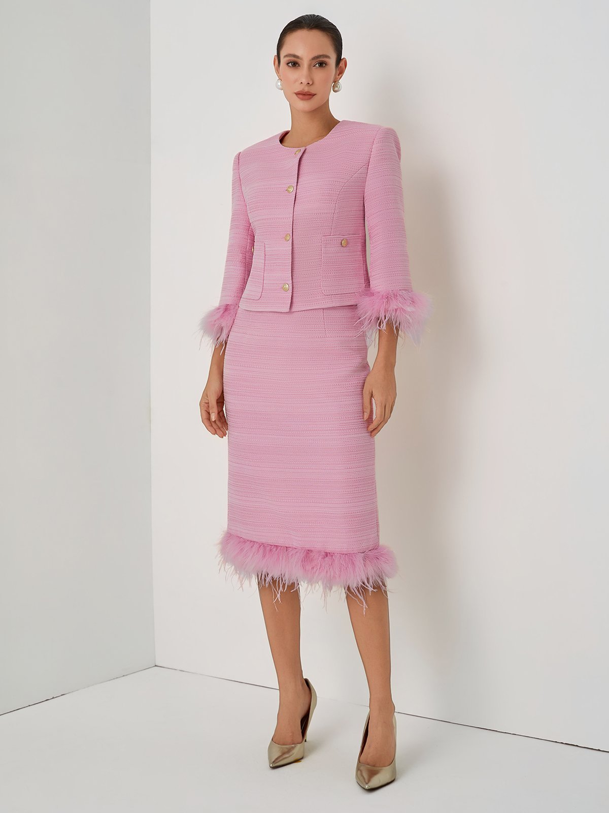 Women Rose Red Feather-trimmed Buckle Crew Neck Three Quarter Sleeve Dressy Coat With Skirt Two-Piece Set