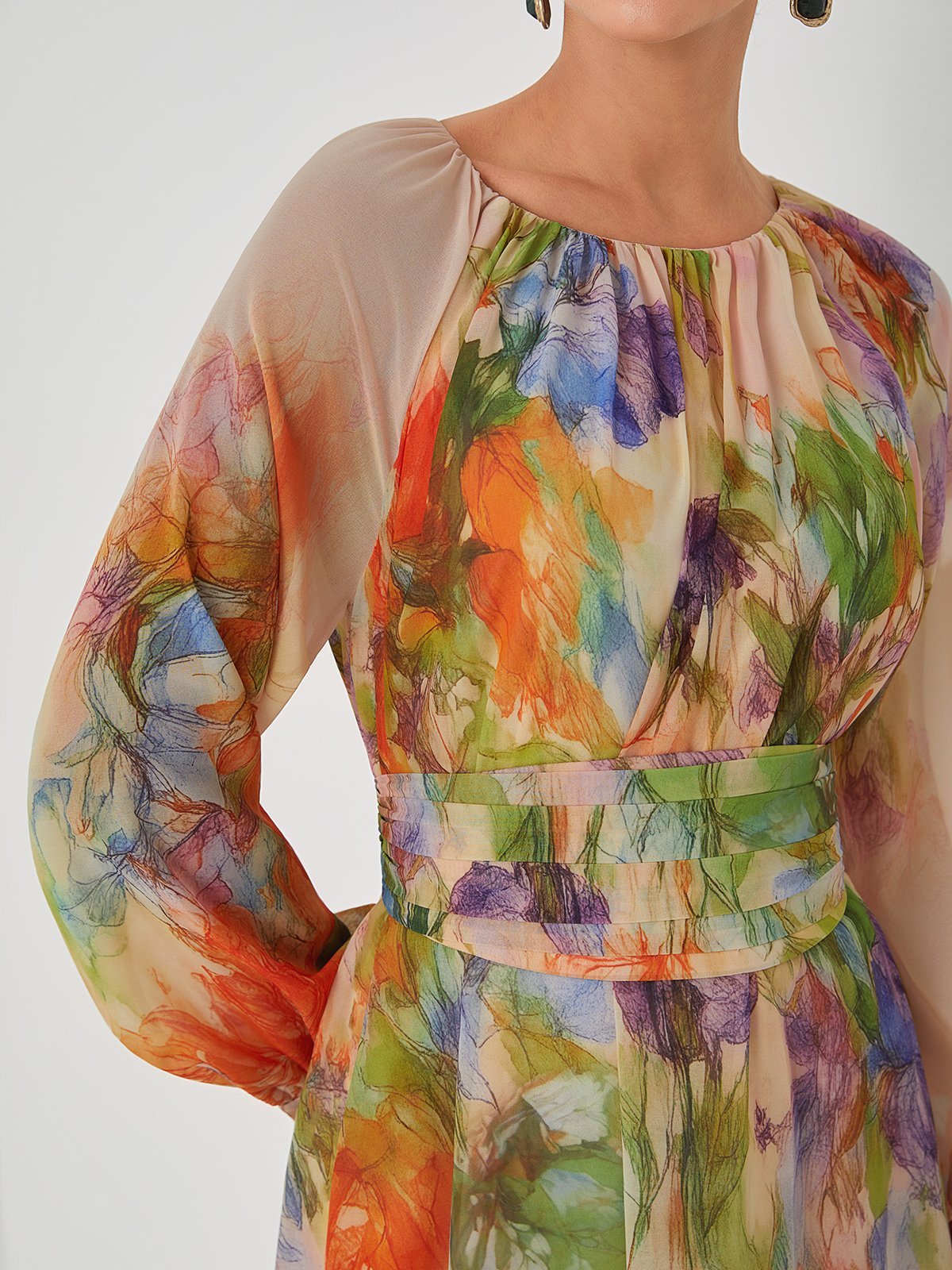 Pink Floral Ruched Chiffon Crew Neck Long Sleeve Puff Sleeve A-Line Maxi Dress