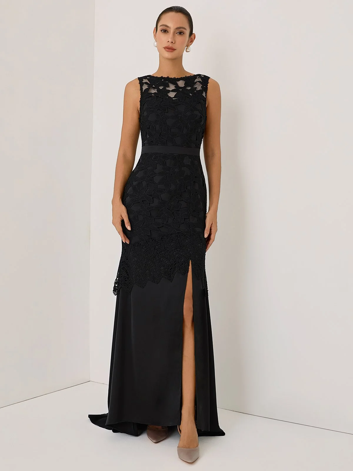 Black Lace Split Joint Classic Boat Neck Sleeveless Mermaid Gown Dress