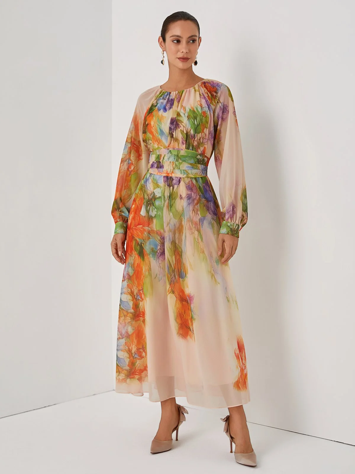 Pink Floral Ruched Chiffon Crew Neck Long Sleeve Puff Sleeve A-Line Maxi Dress