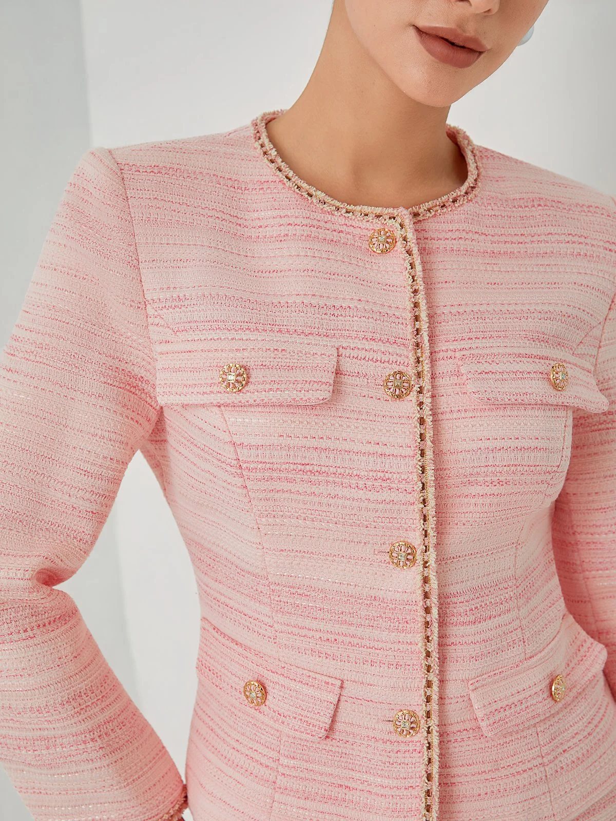 Women Light Pink Piping Buckle Crew Neck Long Sleeve Dressy Coat With Skirt Two-Piece Set