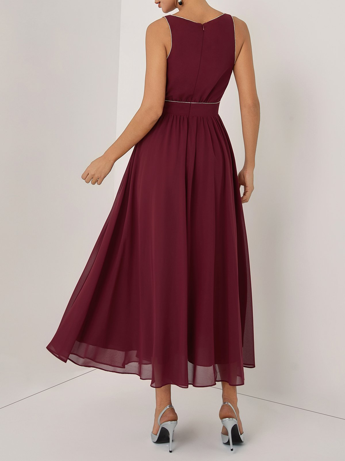 Wine Red Rhinestone V Neck Sleeveless A-Line Maxi Dress