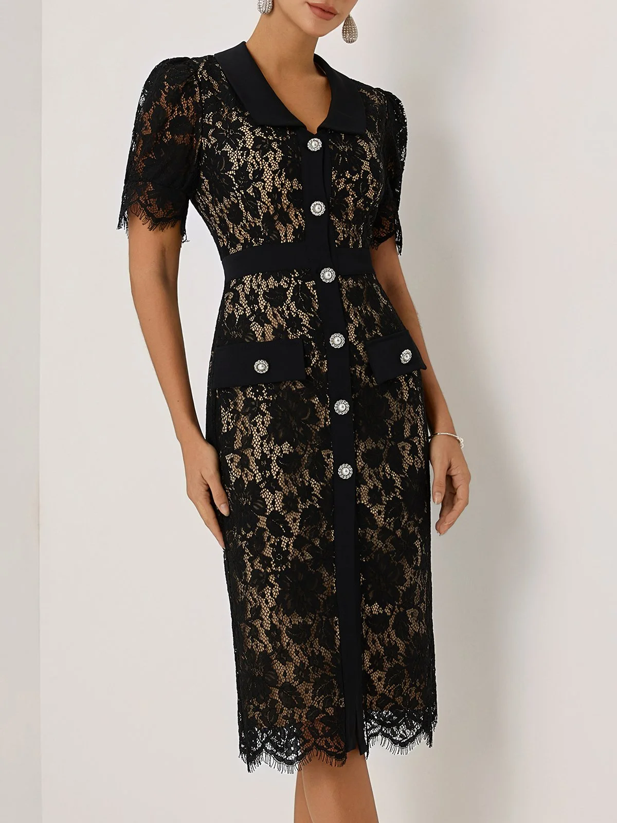 Black Buckle Lace Shawl Collar Short Sleeve Puff Sleeve Sheath Midi Dress