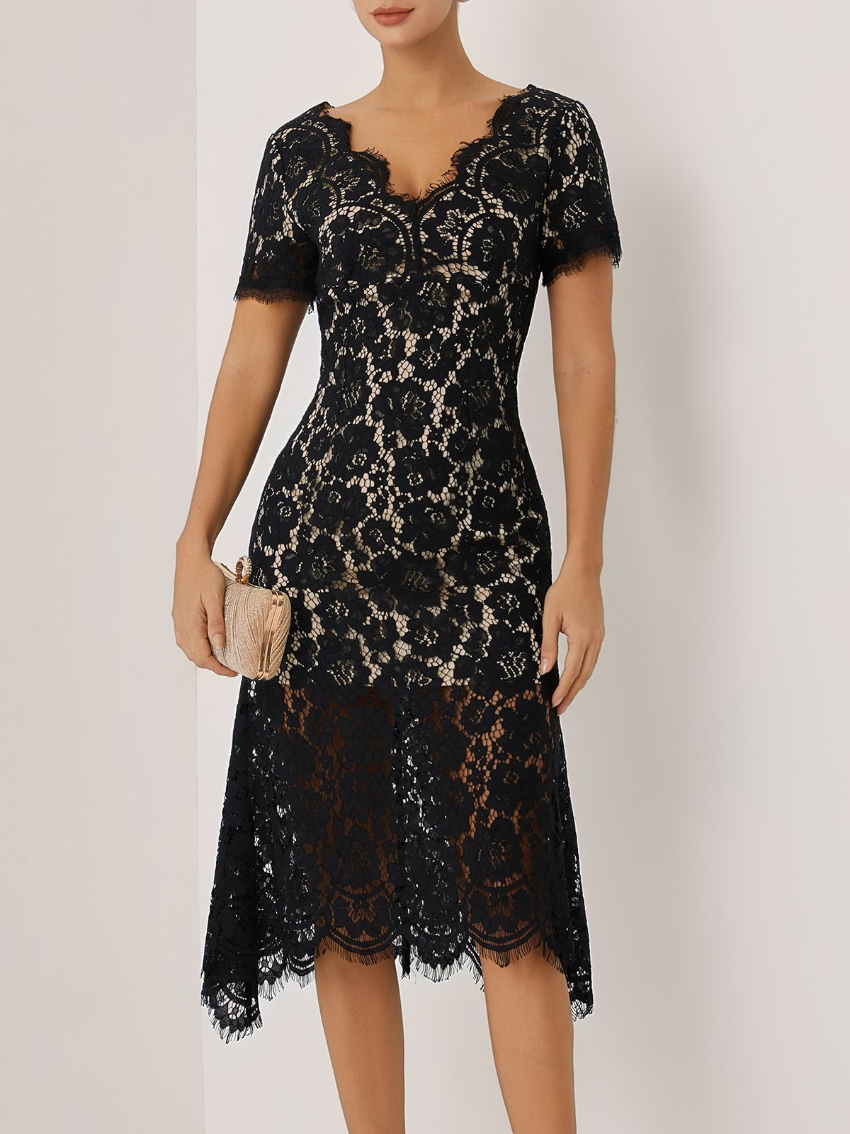 Black Lace Edge Lace V Neck Short Sleeve Mermaid Midi Dress