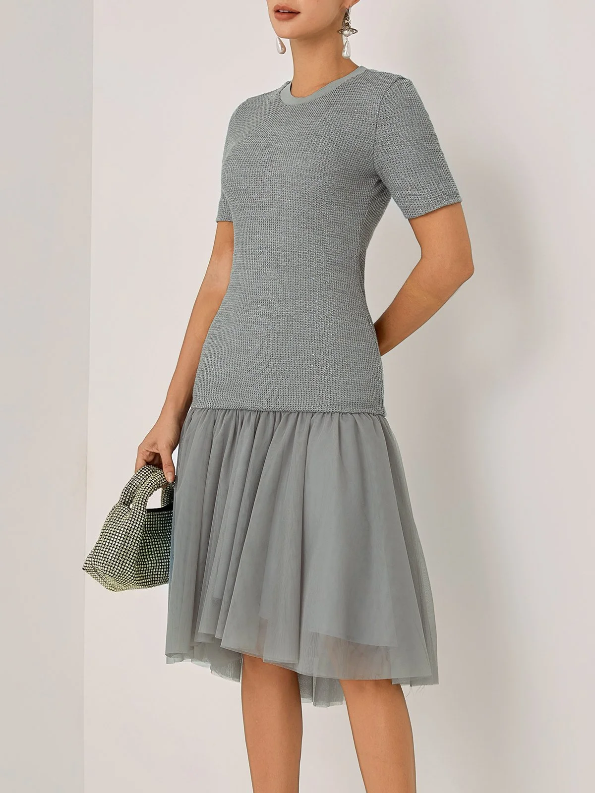 Gray Asymmetric Knit Crew Neck Half Sleeve Mermaid Midi Dress