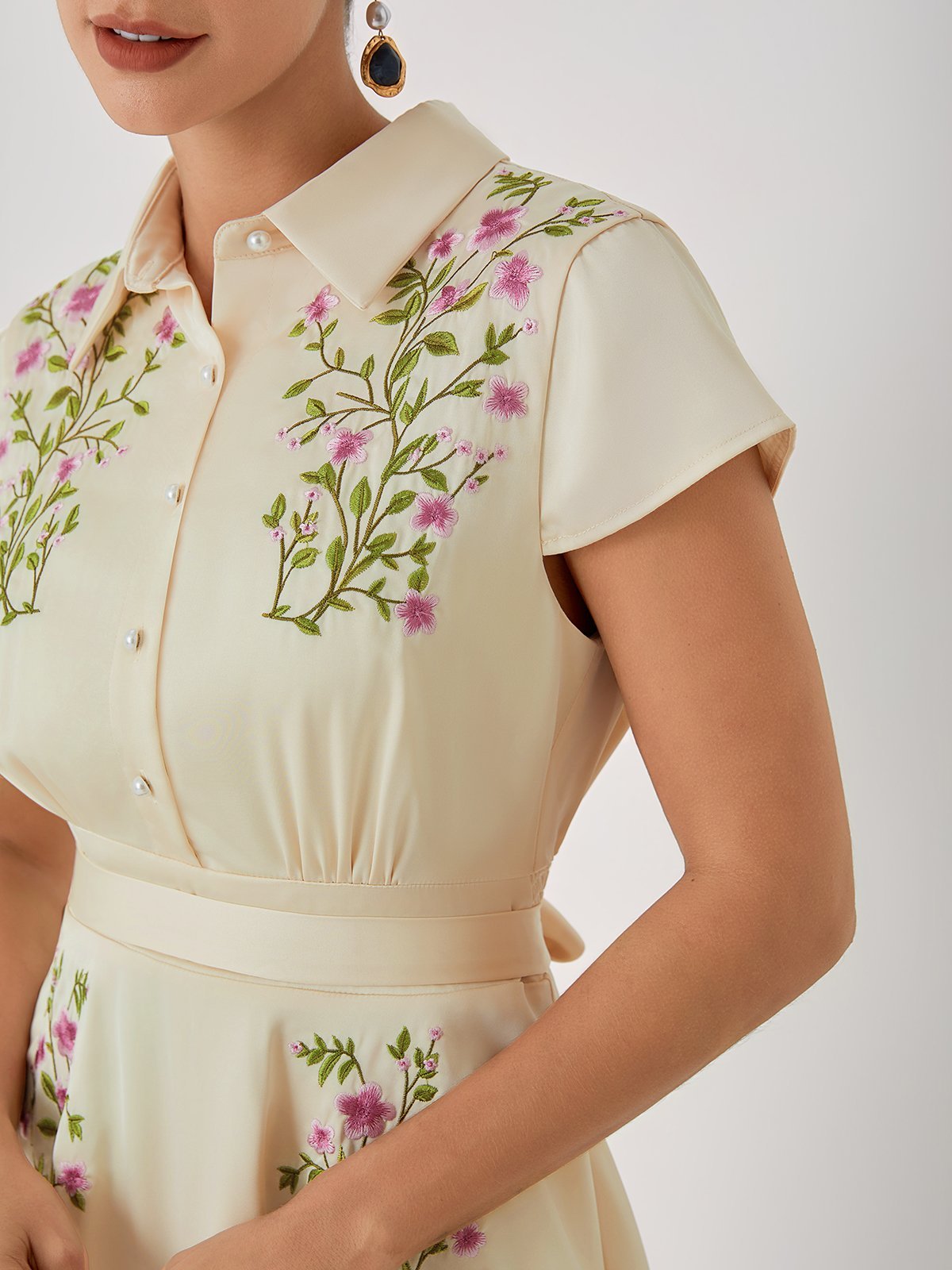 Apricot Embroidery Floral Classic Shirt Collar Cap Sleeve A-Line Midi Dress