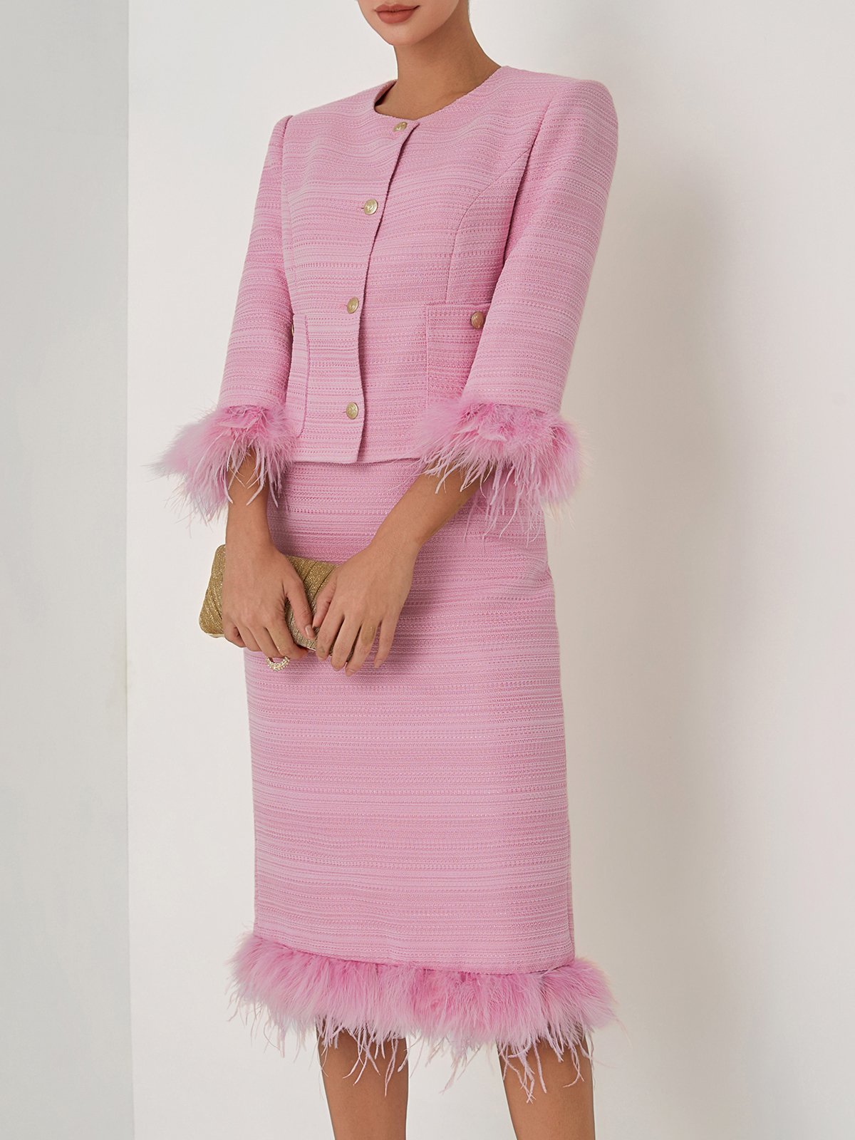 Women Rose Red Feather-trimmed Buckle Crew Neck Three Quarter Sleeve Dressy Coat With Skirt Two-Piece Set