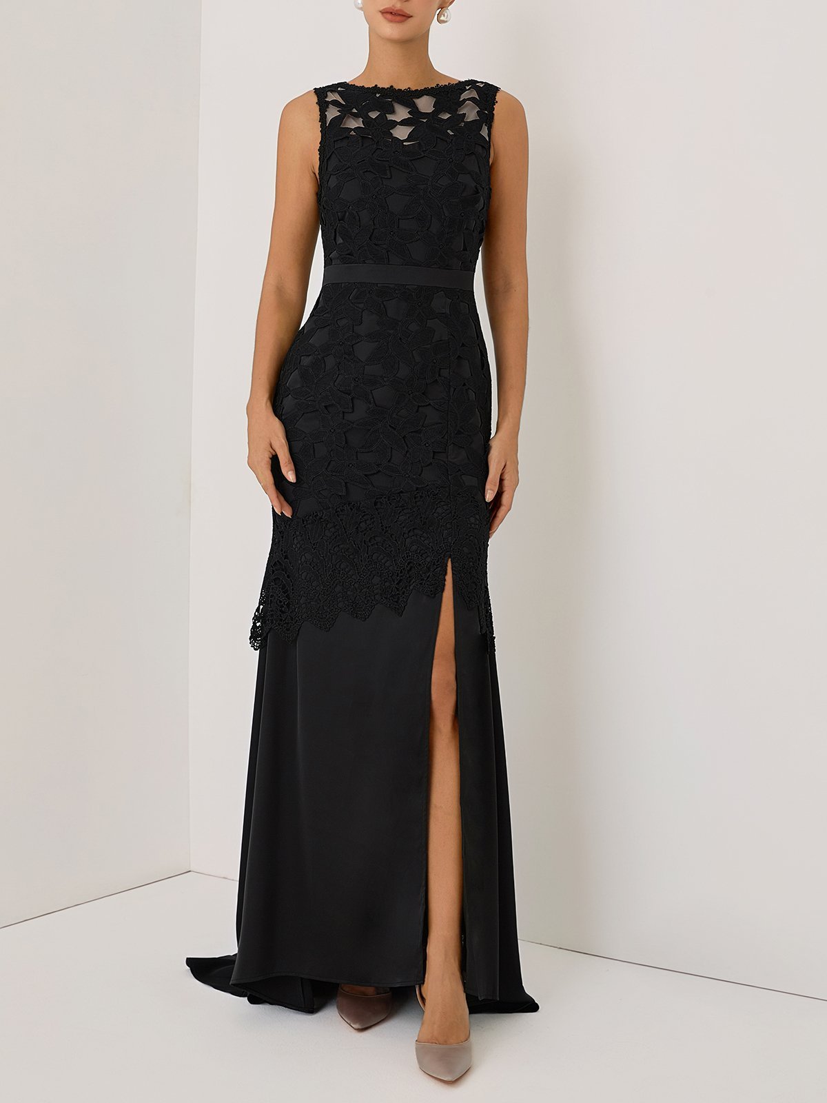 Black Lace Split Joint Classic Boat Neck Sleeveless Mermaid Gown Dress