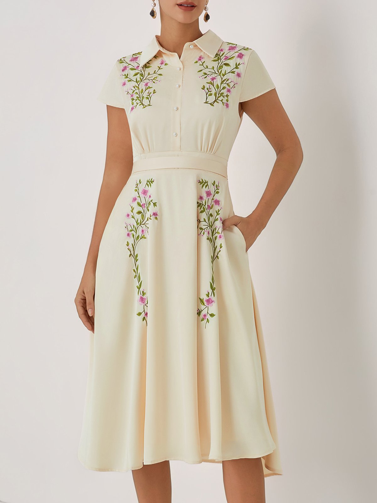 Apricot Embroidery Floral Classic Shirt Collar Cap Sleeve A-Line Midi Dress