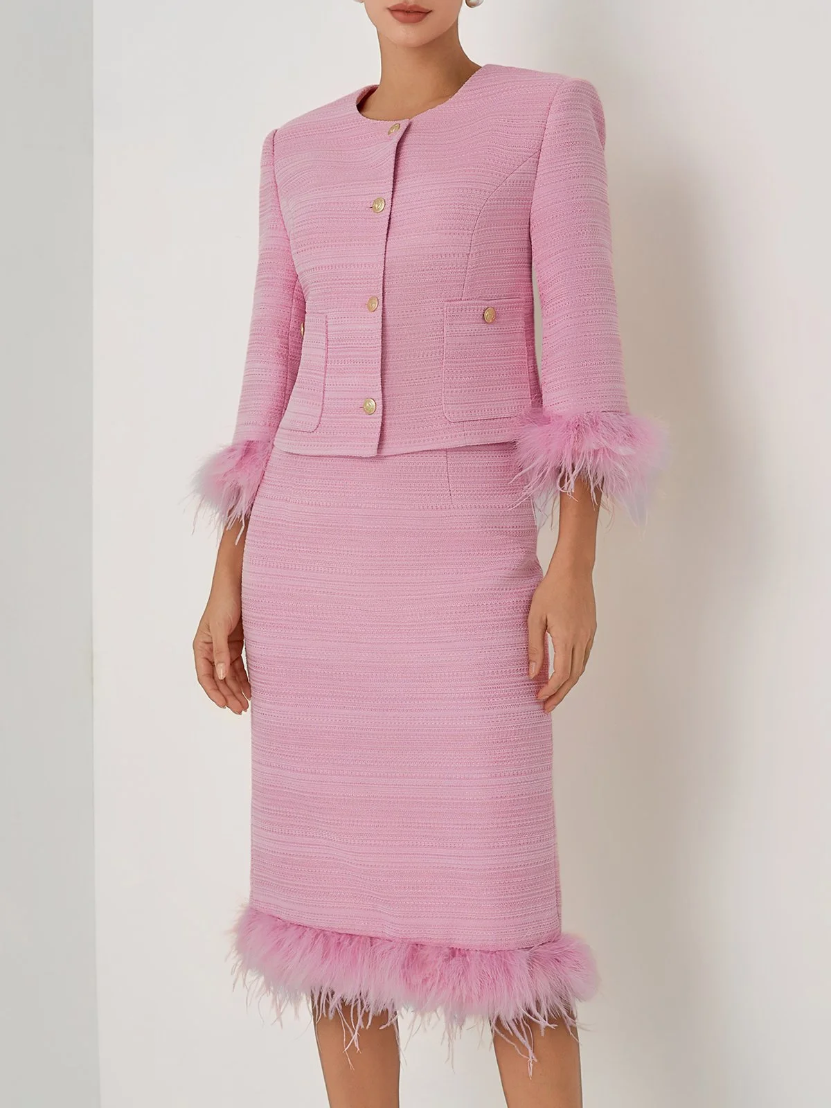 Women Rose Red Feather-trimmed Buckle Crew Neck Three Quarter Sleeve Dressy Coat With Skirt Two-Piece Set