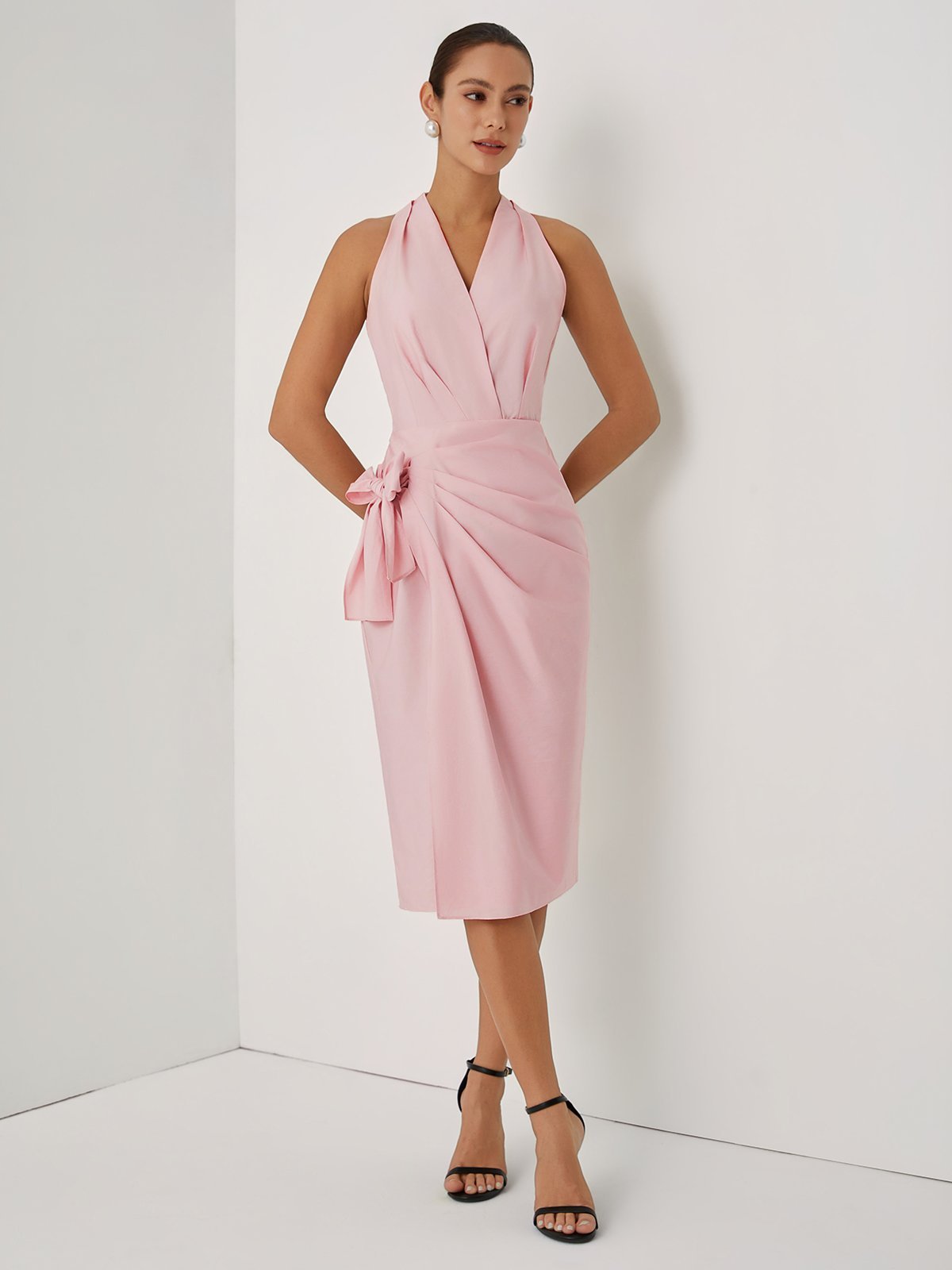 Pink Bow Cotton Halter Sleeveless Sheath Midi Dress