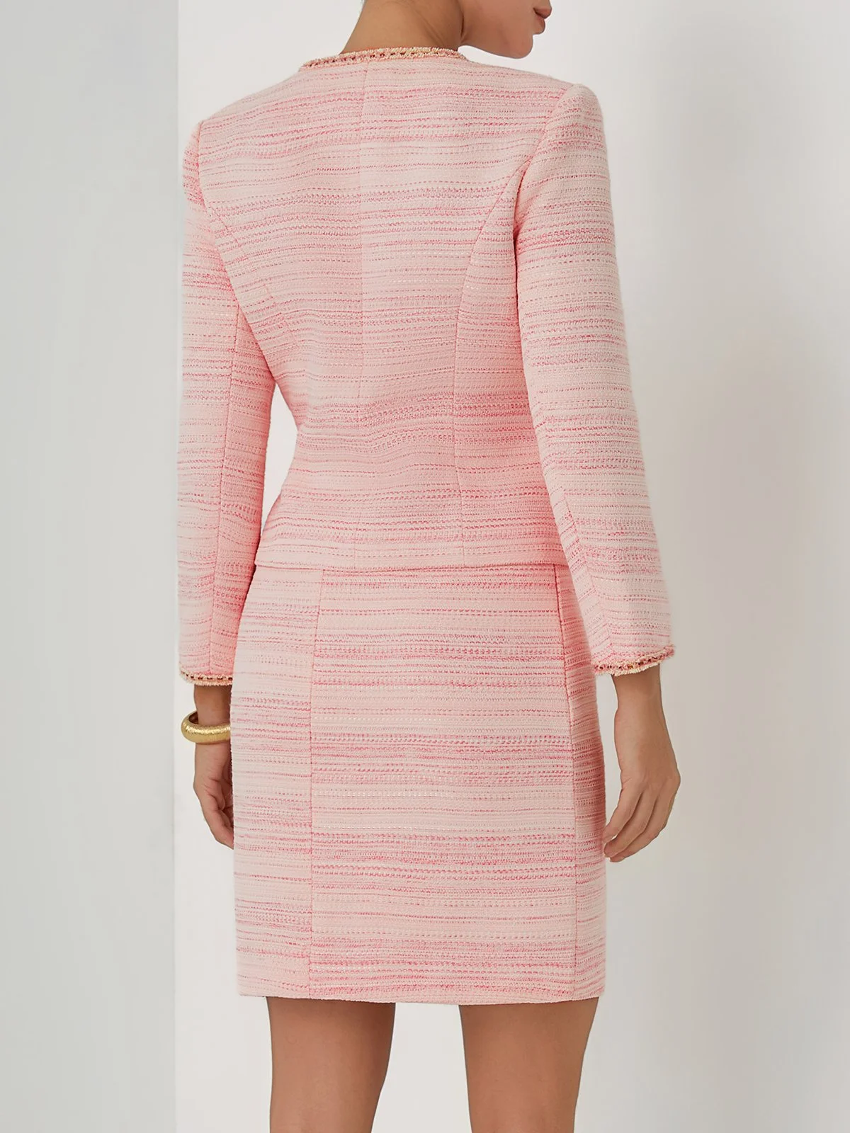 Women Light Pink Piping Buckle Crew Neck Long Sleeve Dressy Coat With Skirt Two-Piece Set
