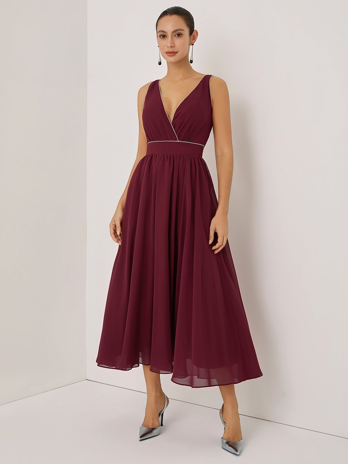 Wine Red Rhinestone V Neck Sleeveless A-Line Maxi Dress
