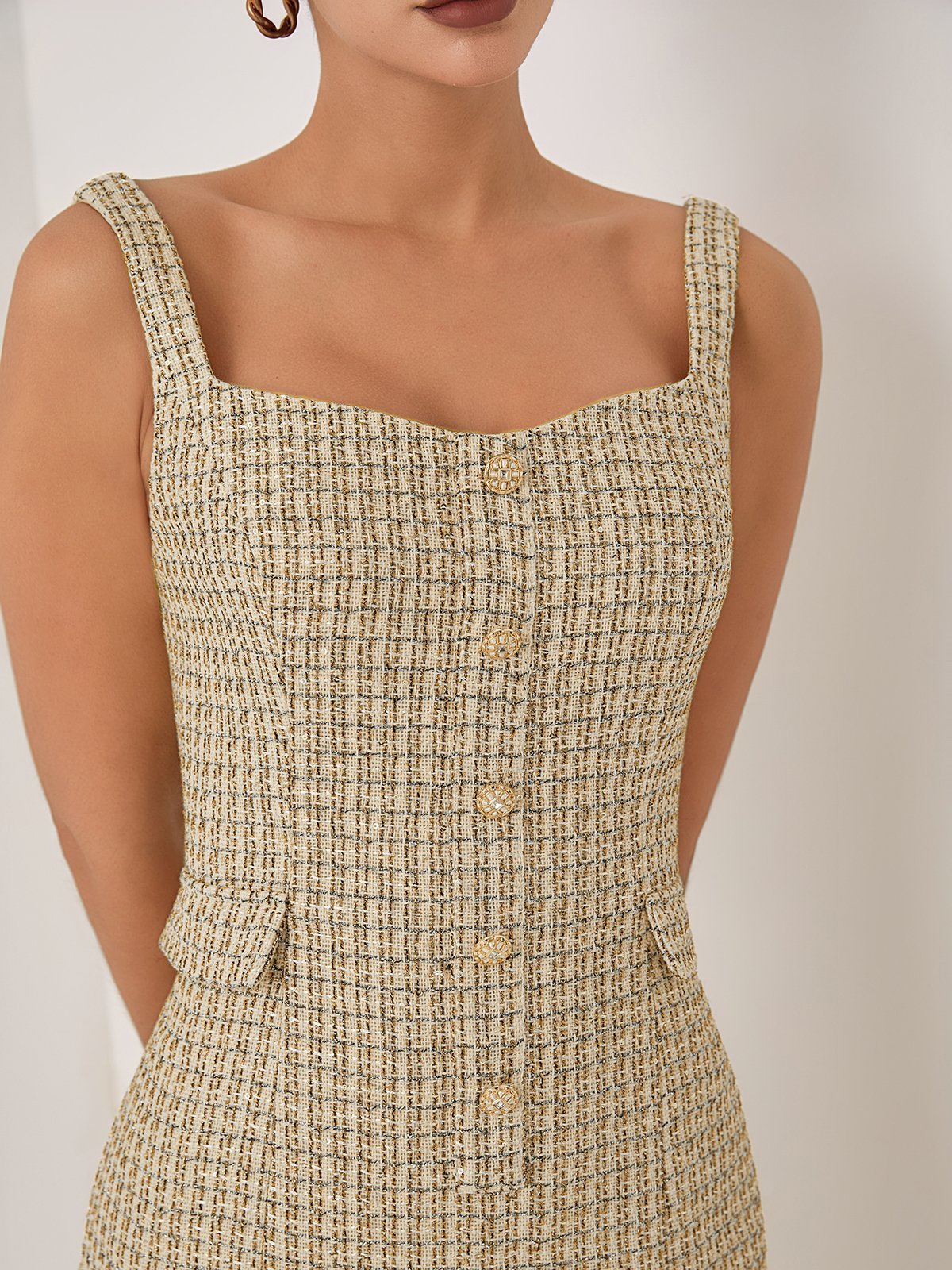 Golden Buckle Pocket Stitching Tweed Spaghetti Sleeveless Sheath Midi Dress