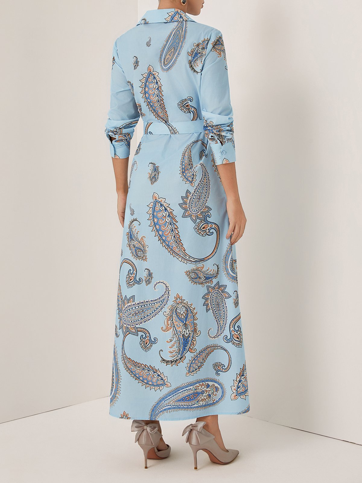 Light Blue Floral Shirt Dress Shirt Collar Long Sleeve A-Line Maxi Dress