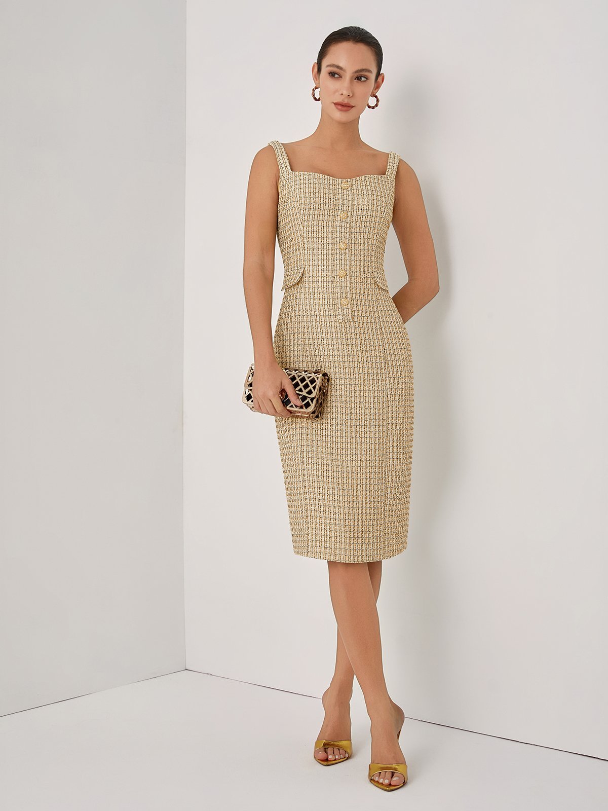 Golden Buckle Pocket Stitching Tweed Spaghetti Sleeveless Sheath Midi Dress