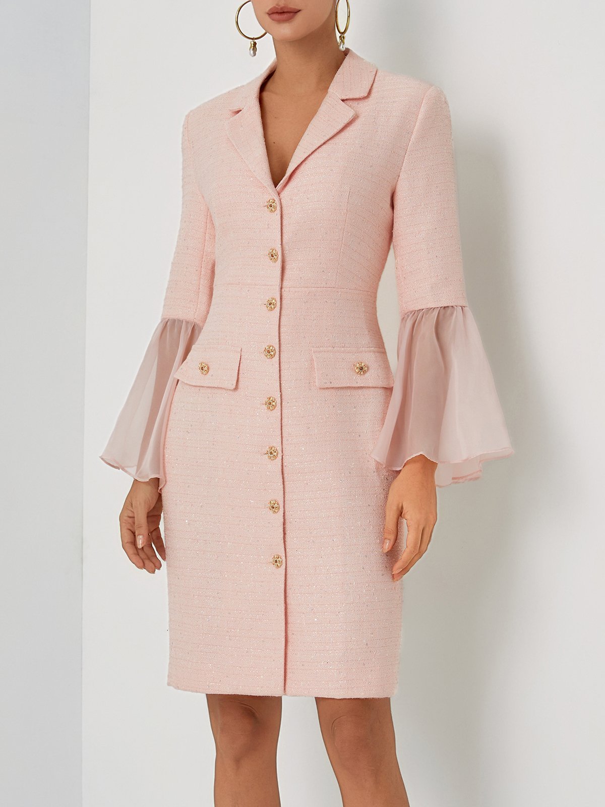 Light Pink Buckle Mesh Tweed Lapel Collar Long Sleeve Bell Sleeve Sheath Midi Dress