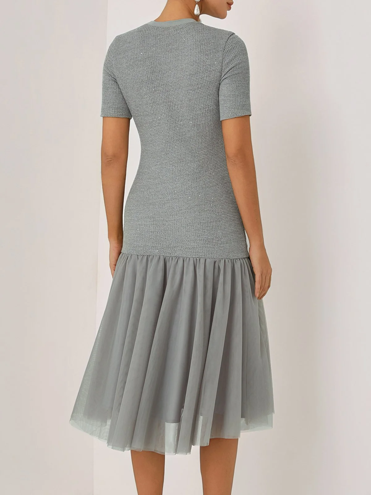 Gray Asymmetric Knit Crew Neck Half Sleeve Mermaid Midi Dress