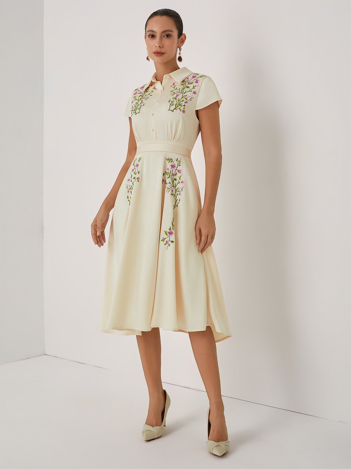 Apricot Embroidery Floral Classic Shirt Collar Cap Sleeve A-Line Midi Dress