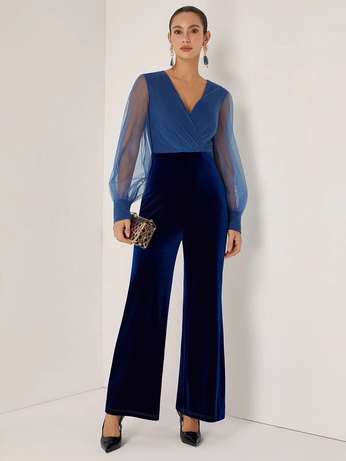 Women Royal Blue Mesh Ruched V Neck Long Sleeve Dressy Jumpsuit