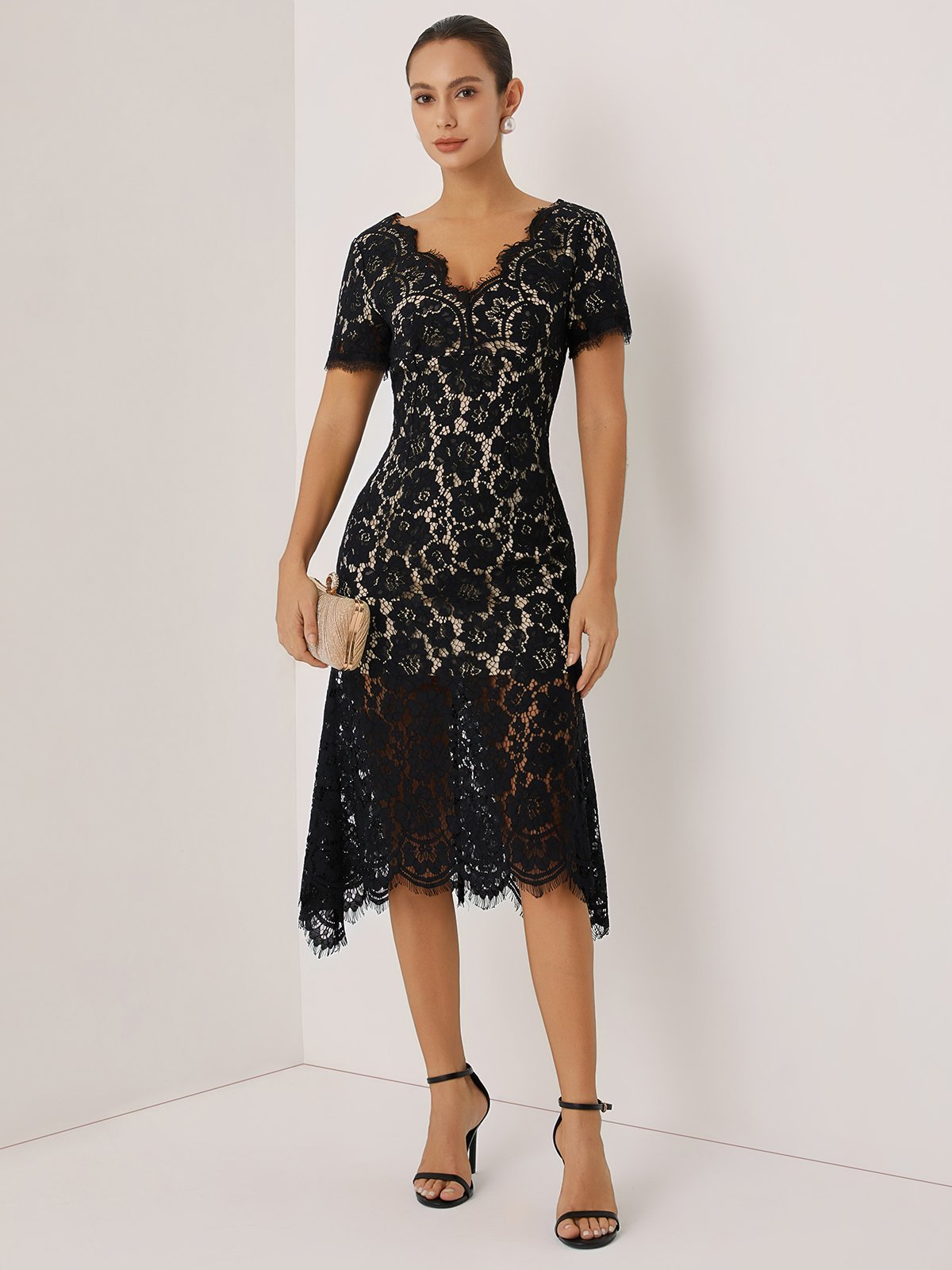 Black Lace Edge Lace V Neck Short Sleeve Mermaid Midi Dress